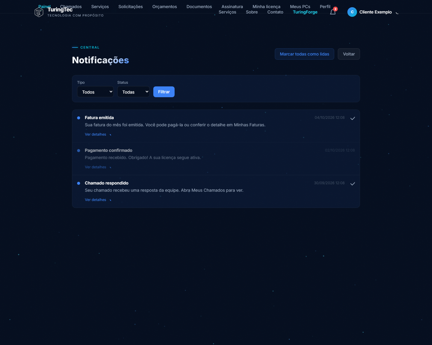 Notificações do site